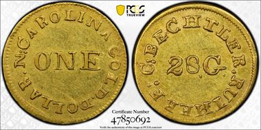 (1834-37) G$1 C. Bechtler, 28.G Centered Reeded Edge AU58