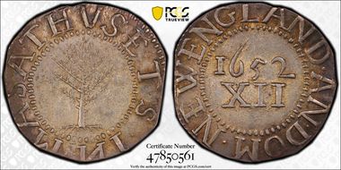 1652 Shilling Pine Tree, No Pellets MS62
