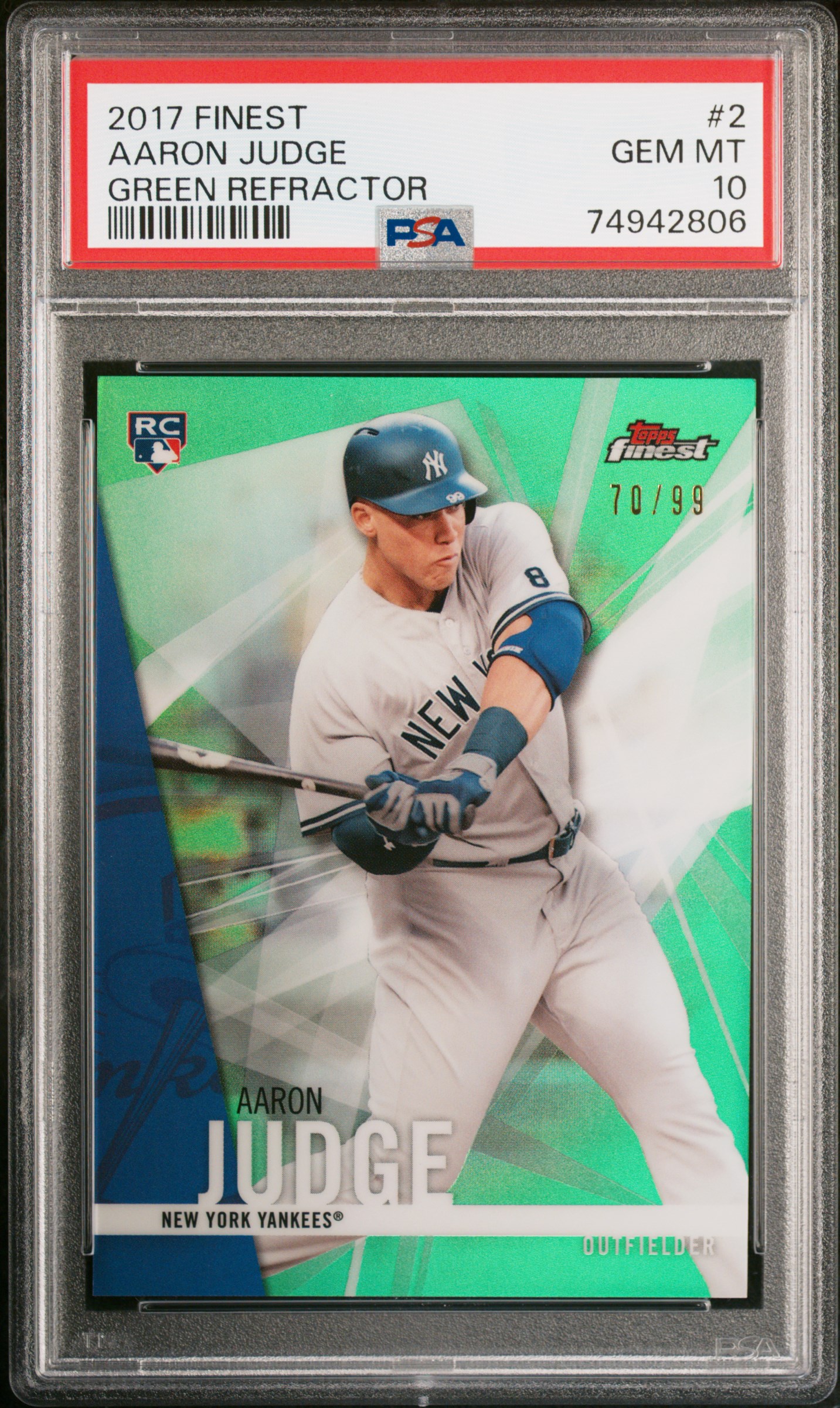 2017 Topps Finest Green Refractor #2 Aaron Judge Rookie Card (#70/99) – PSA GEM MT 10