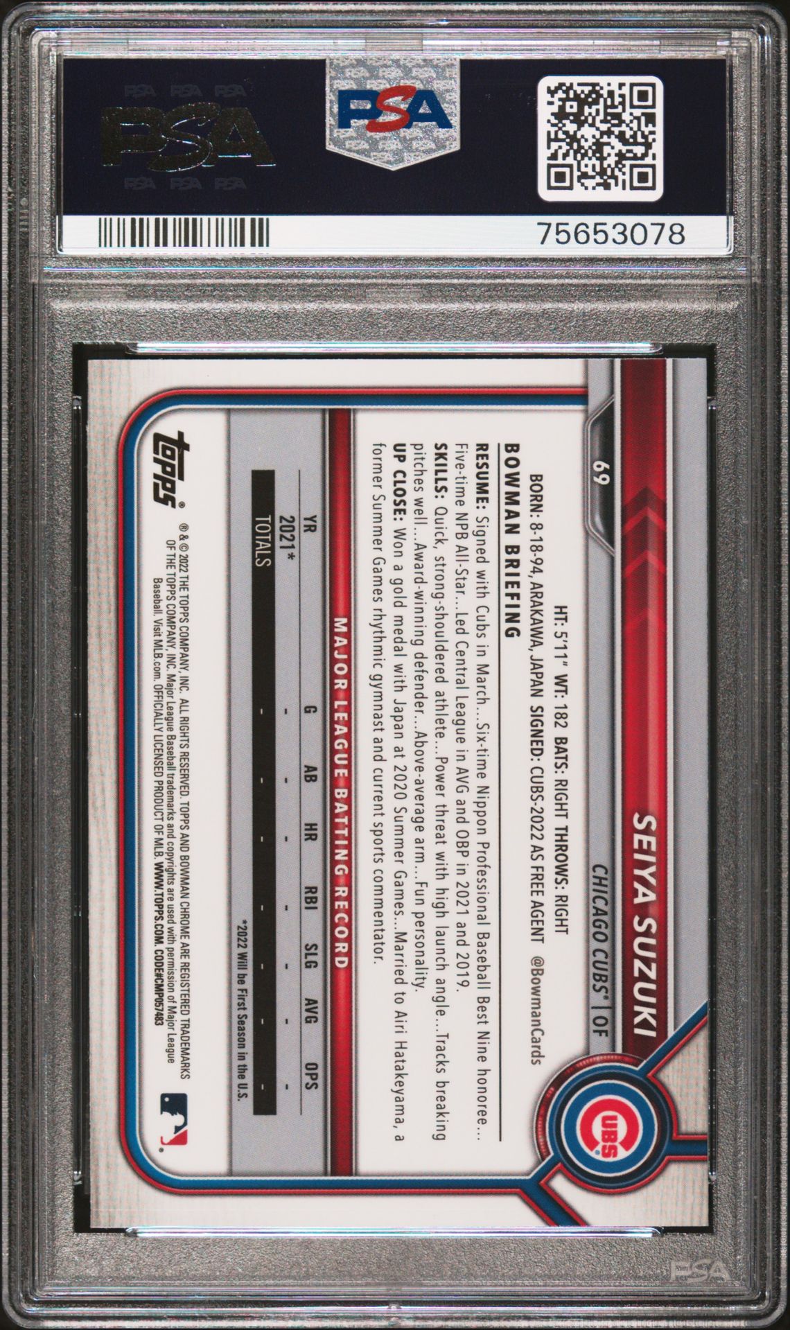 2022 Bowman Chrome Sapphire Edition Seiya Suzuki #69 Gem Mt 10 back