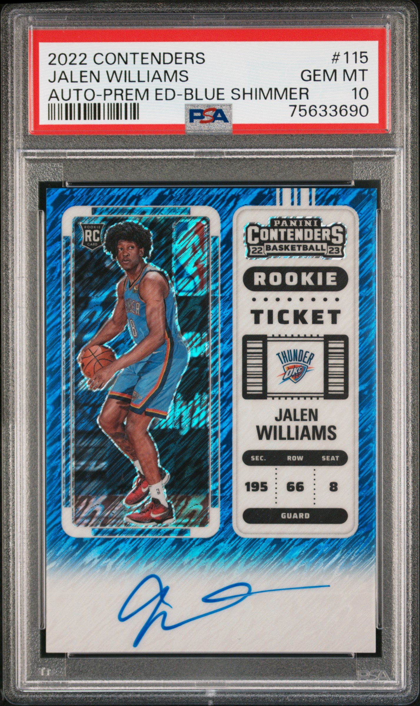 2022-23 Panini Contenders Rookie Ticket Autograph Premium Edition Blue Shimmer #115 Jalen Williams Signed Rookie Card (#13/21) – PSA GEM MT 10