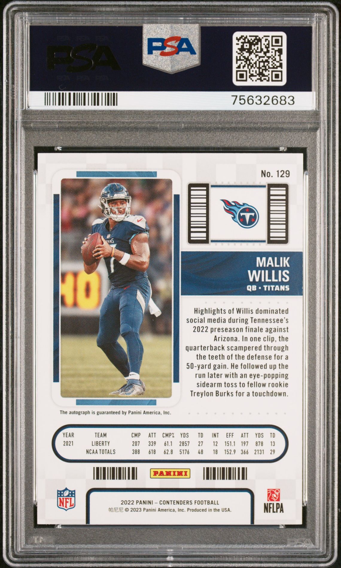 2022 Panini Contenders Malik Willis #129 (Autograph) Gem Mt 10 back