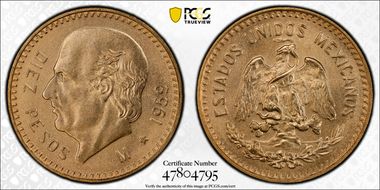 1959-M 10 Peso New Die Restrike MS70