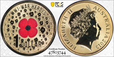 2015 $1 WWI War Heroes-Red Poppy Colorized MS69