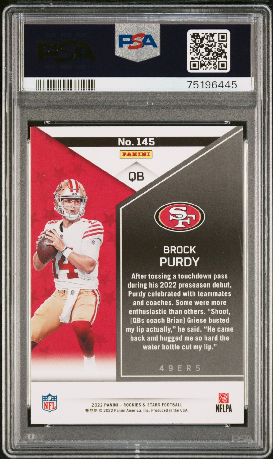 2022 Panini Rookies & Stars Brock Purdy #145 Gem Mt 10 back