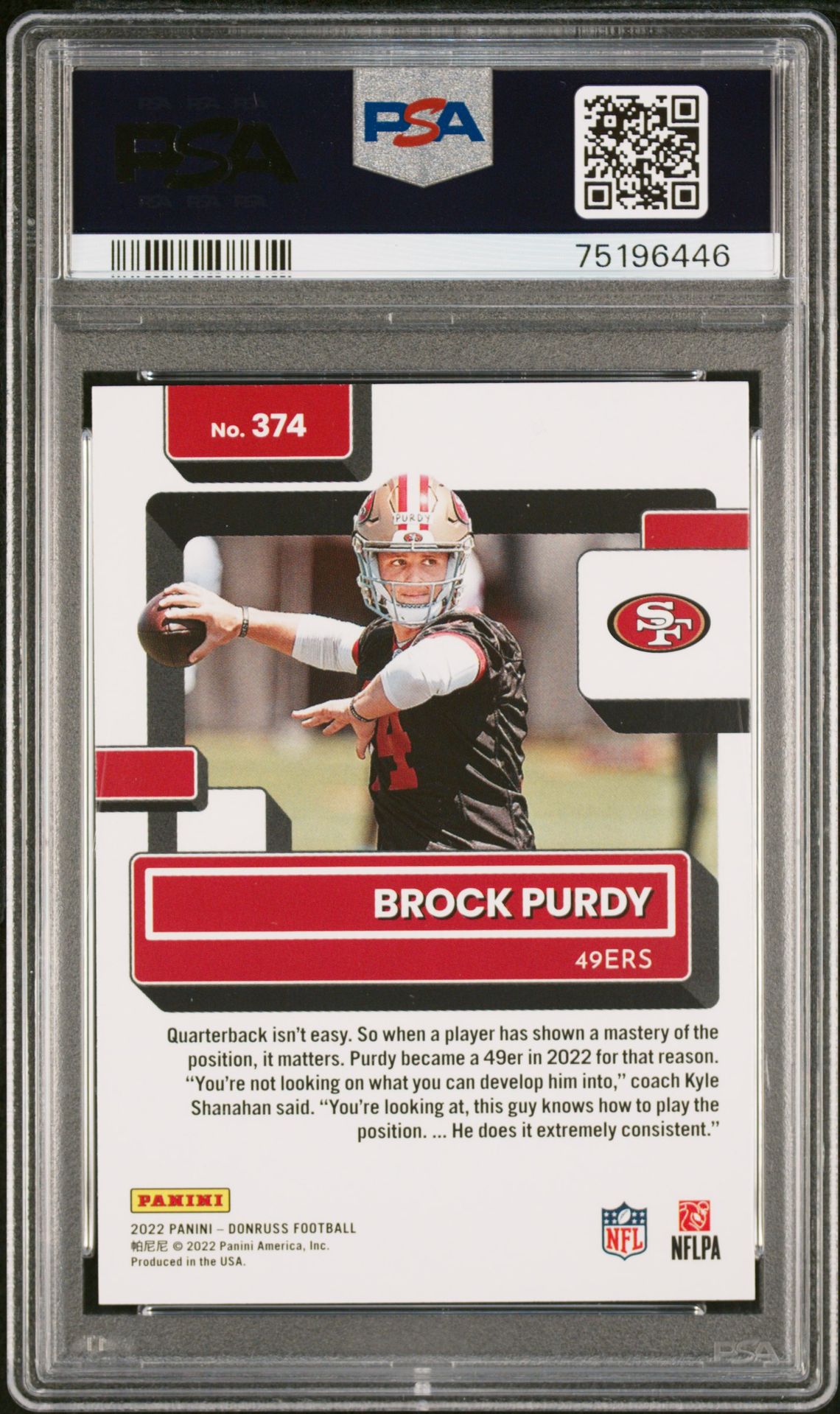 2022 Panini Donruss Brock Purdy #374 Gem Mt 10 back
