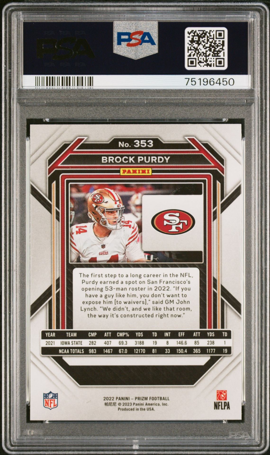 2022 Panini Prizm Brock Purdy #353 Gem Mt 10 back