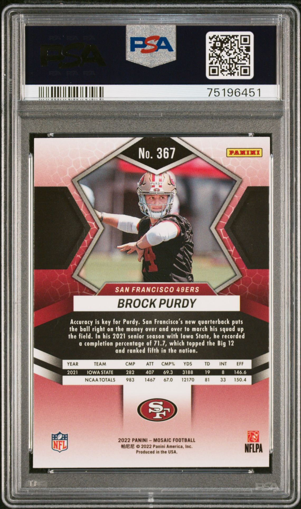 2022 Panini Mosaic Brock Purdy #367 Gem Mt 10 back
