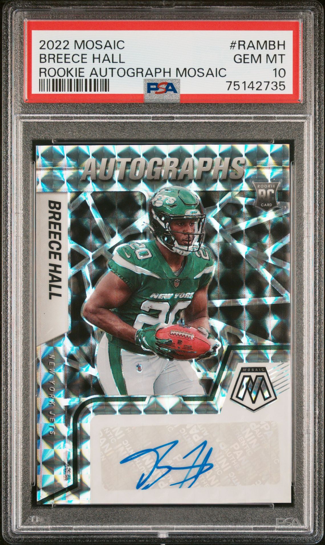 2022 Panini Mosaic Rookie Autograph Mosaic Breece Hall #Rambh (Rookie Autograph Mosaic) Gem Mt 10 front