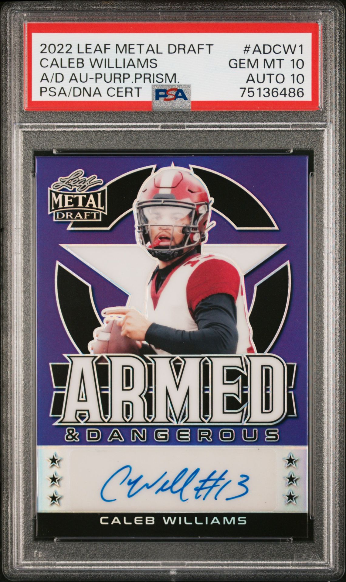 2022 Leaf LEAF METAL DRAFT ARMED & DANGEROUS AUTOGRAPHS A/D AU-PURP.PRISM. #ADCW1 Caleb Williams front