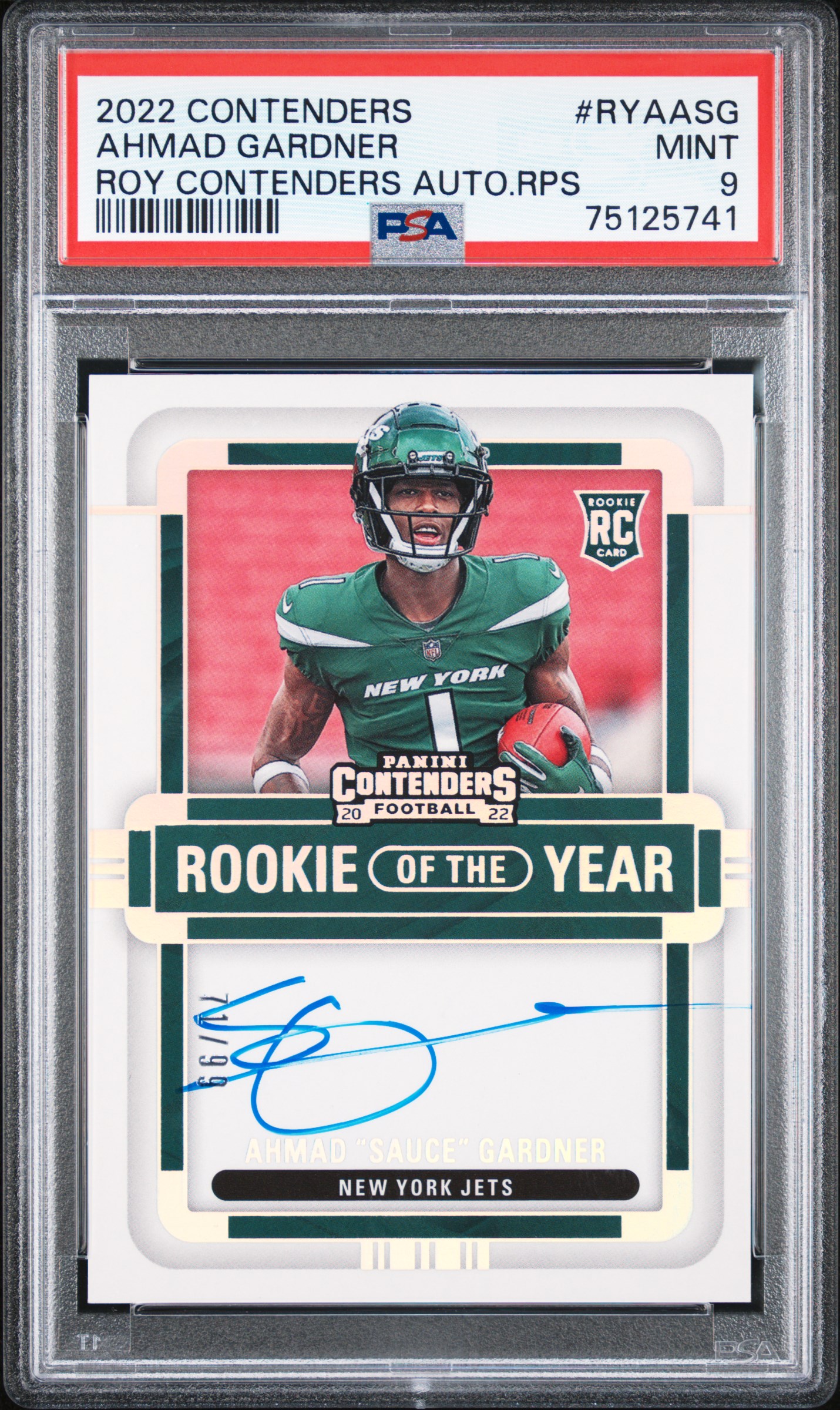 2022 Panini Contenders Rookie Of The Year Contenders Autographs RPS #RYA-ASG Ahmad “Sauce” Gardner Signed Rookie Card (#71/99) - PSA MINT 9