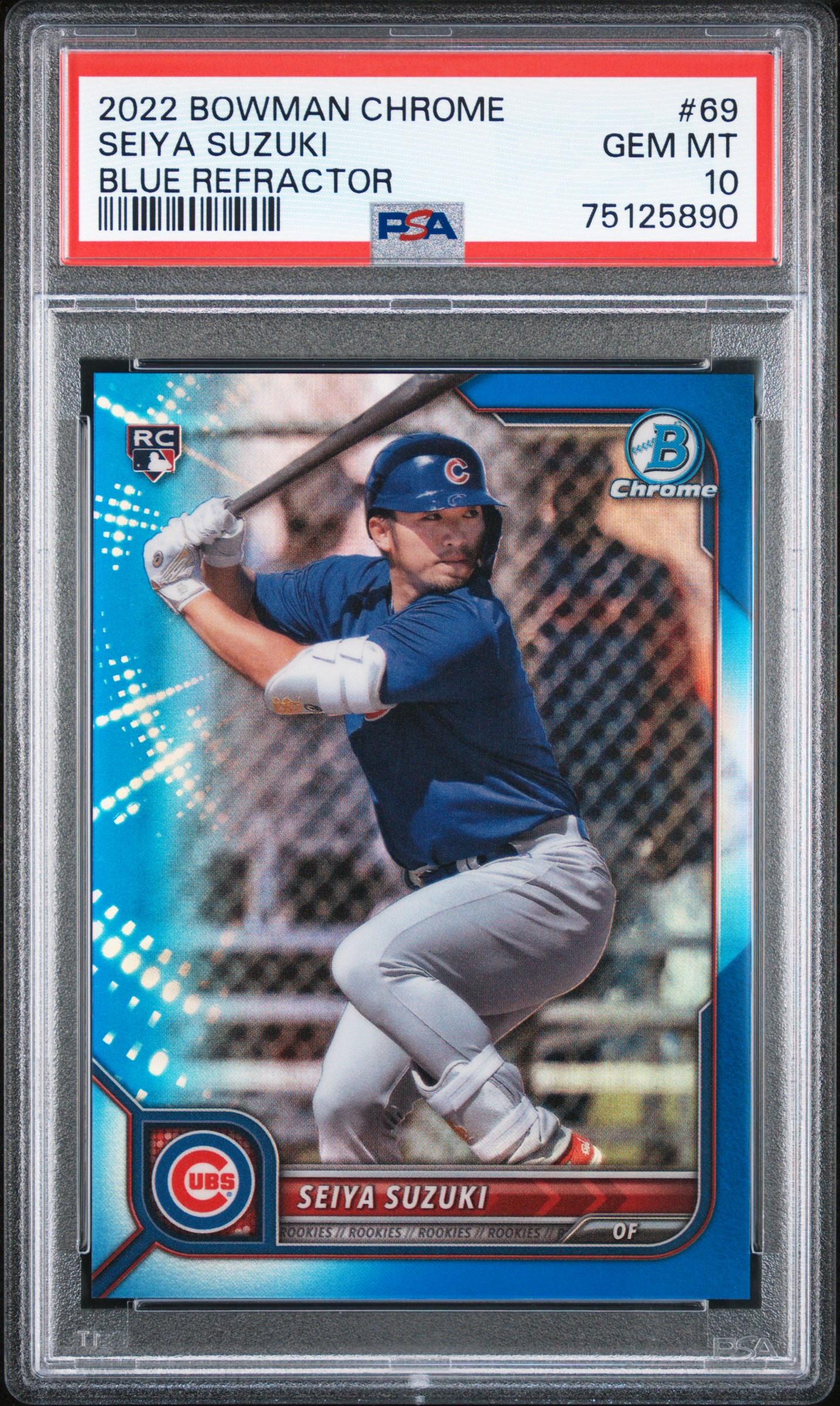 2022 Bowman Chrome Blue Refractor #69 Seiya Suzuki Rookie Card (#092/150) – PSA GEM MT 10