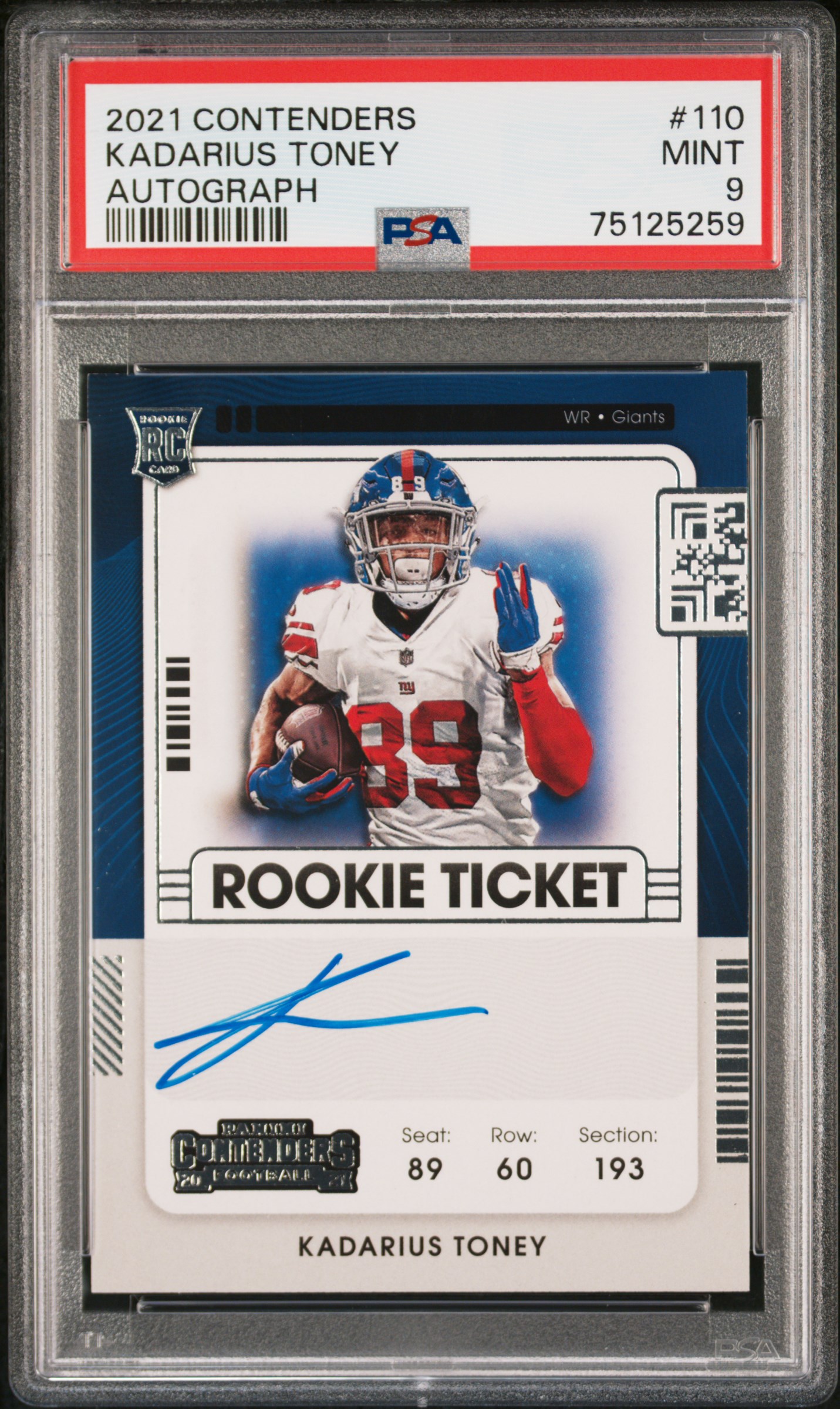 2021 Panini Contenders Rookie Ticket Autograph #110 Kadarius Toney Rookie Card - PSA MINT 9