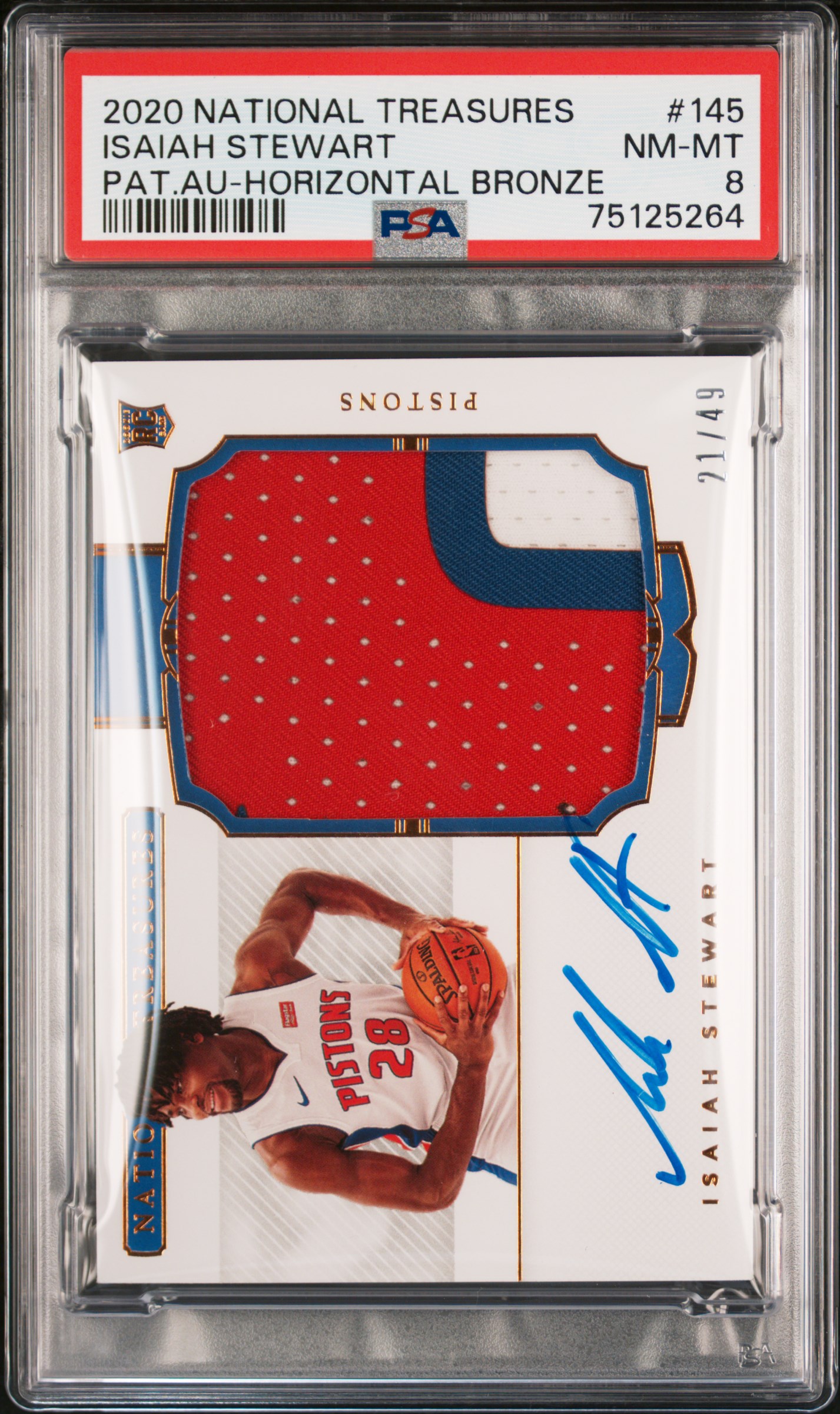 2020-21 Panini National Treasures Rookie Patch Autograph (RPA) Horizontal Bronze #145 Isaiah Stewart Signed Patch Rookie Card (#21/49) - PSA NM-MT 8
