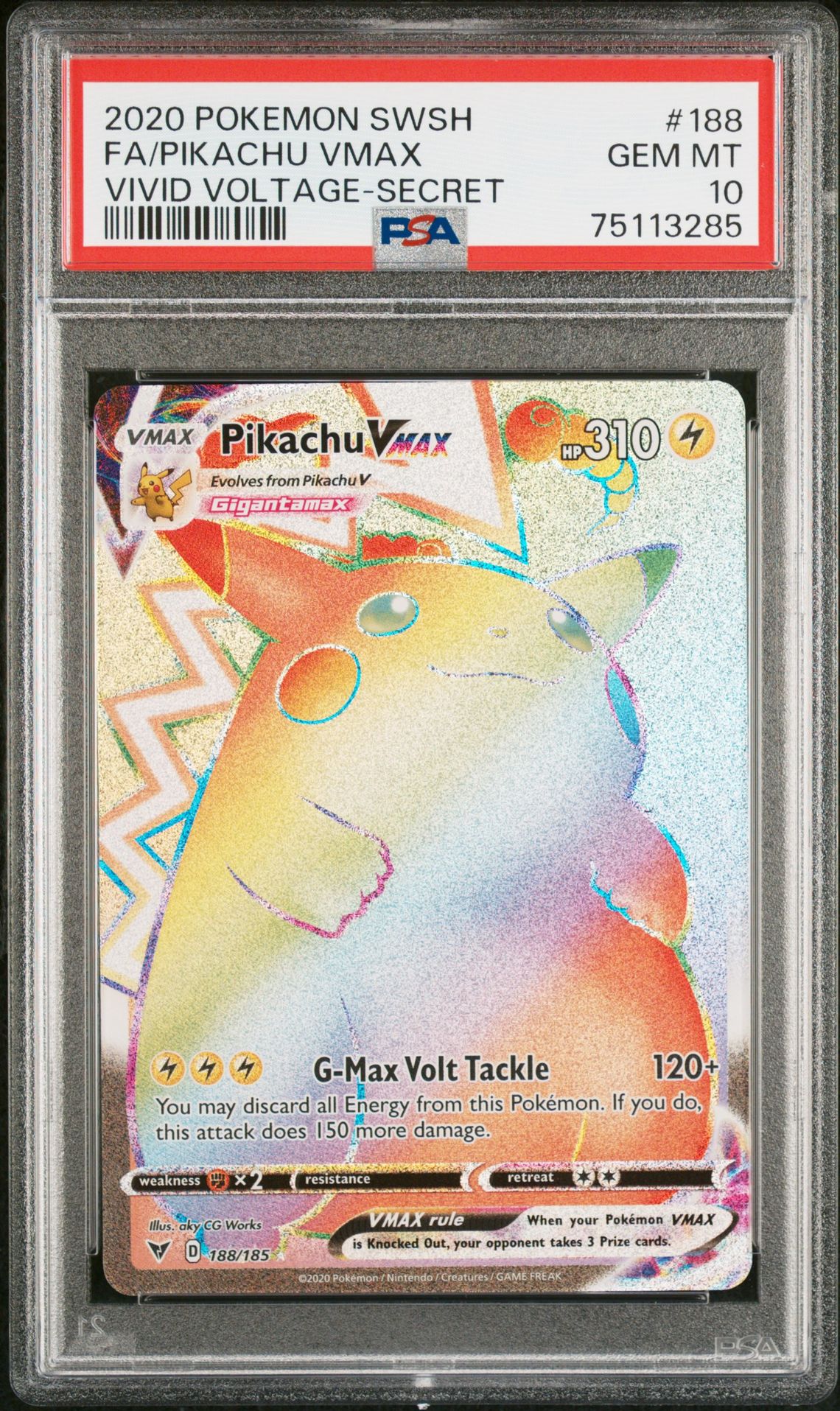 2020 Pokemon Sword & Shield Vivid Voltage Fa/Pikachu Vmax #188 (Vivid Voltage-Secret) Gem Mt 10 front