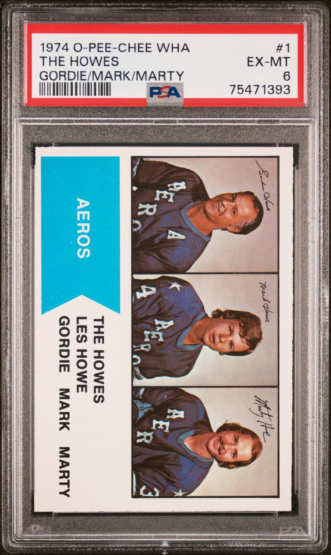 1974 O-Pee-Chee O-PEE-CHEE WHA GORDIE/MARK/MARTY #1 The Howes front