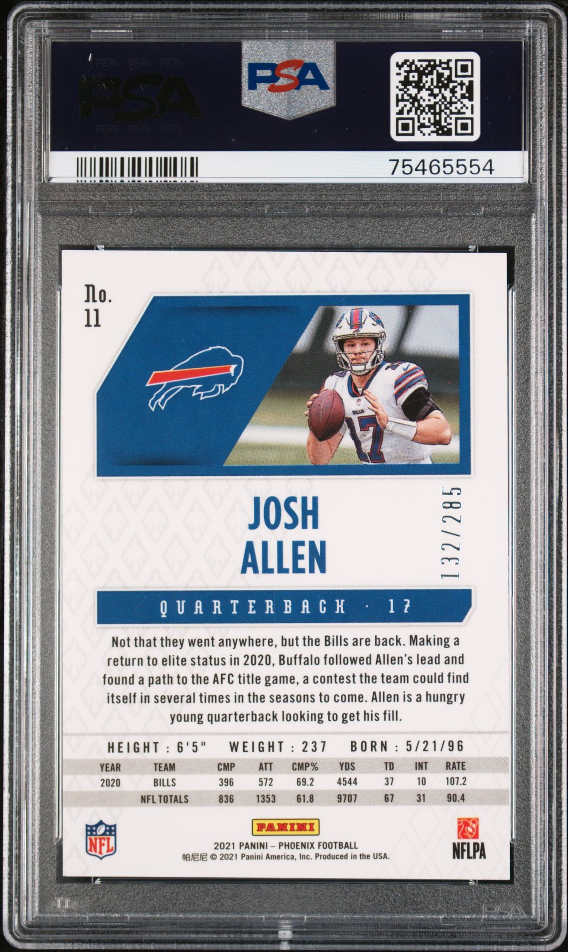 2021 Panini Phoenix Josh Allen #11 (Red Lazer) Mint 9 back
