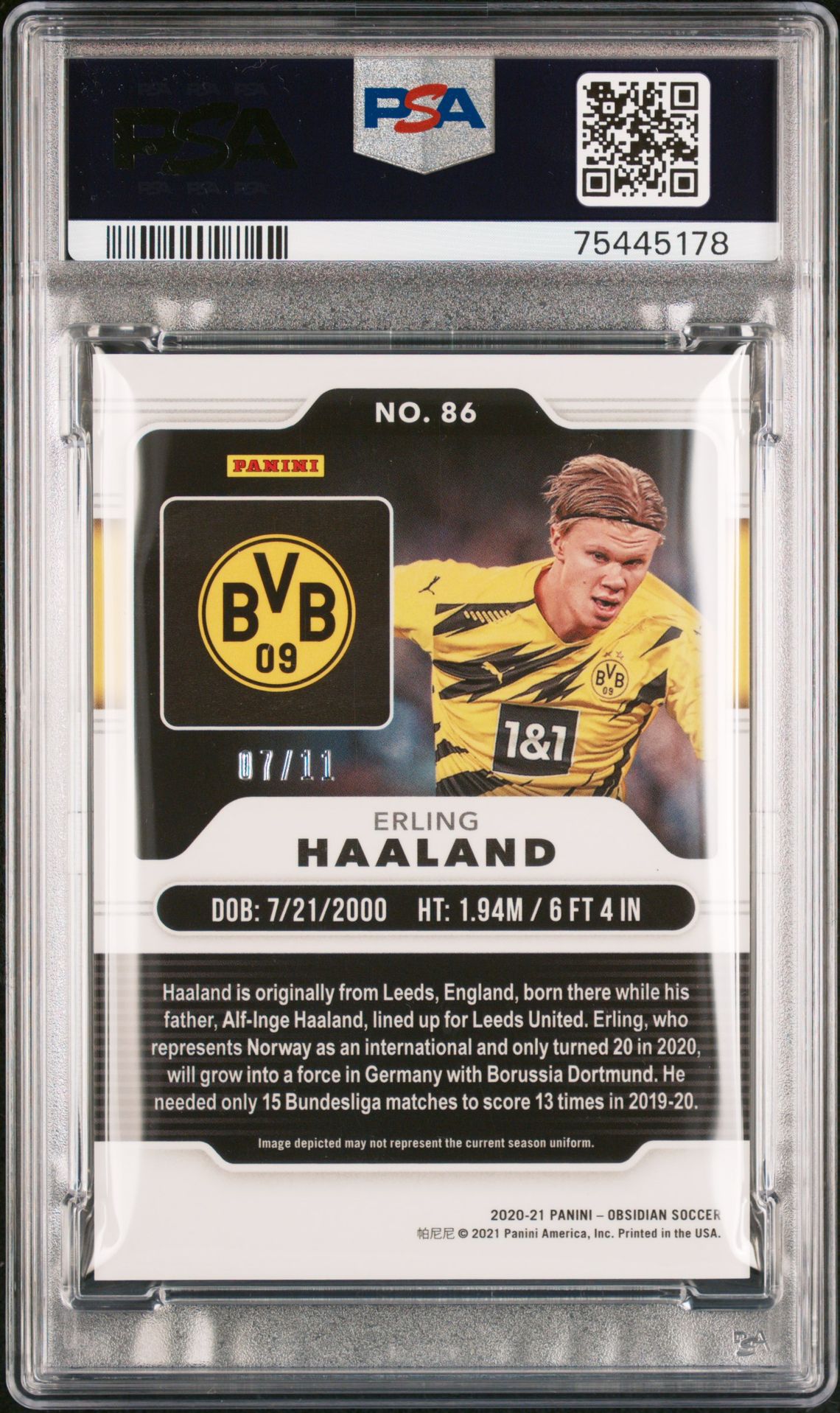 2020 Panini Obsidian Erling Haaland #86 (Electric Etch White Pulsar) Gem Mt 10 back