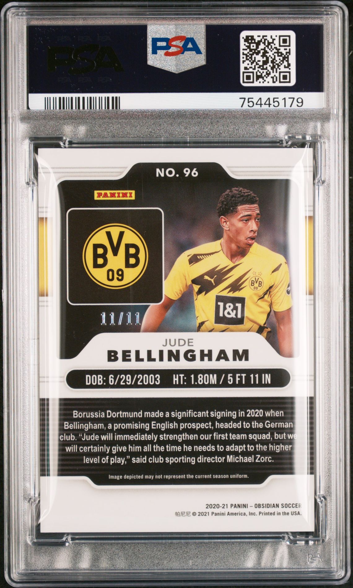 2020 Panini Obsidian Jude Bellingham #96 (Electric Etch White Pulsar) Gem Mt 10 back