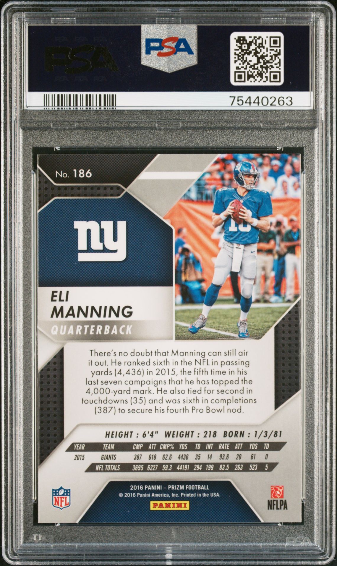 2016 Panini Prizm Eli Manning #186 Gem Mt 10 back