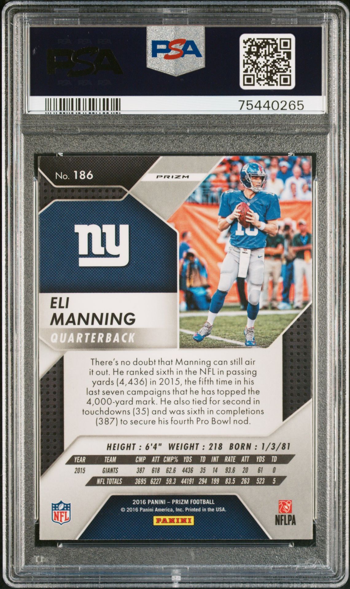 2016 Panini Prizm Eli Manning #186 (Flash Prizm) Mint 9 back