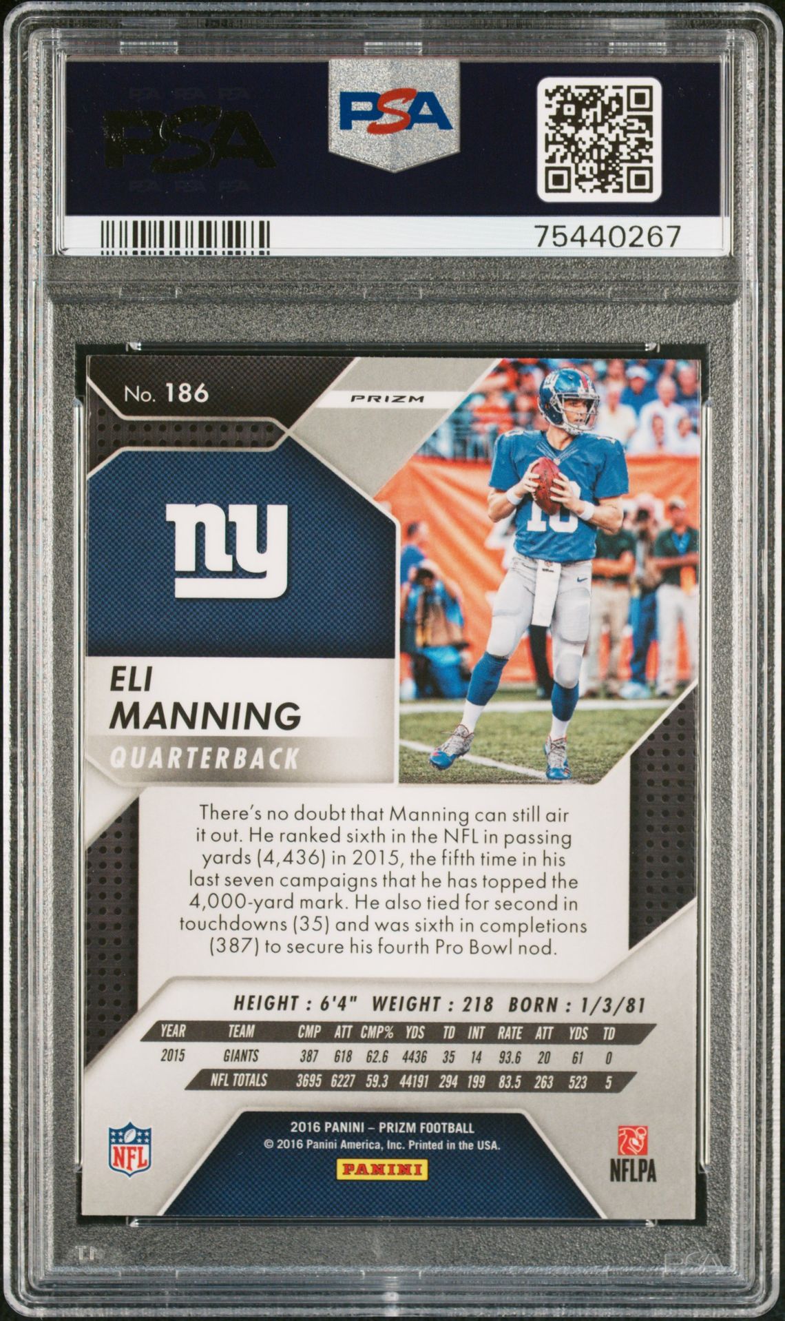 2016 Panini Prizm Eli Manning #186 (Pink Prizm) Gem Mt 10 back