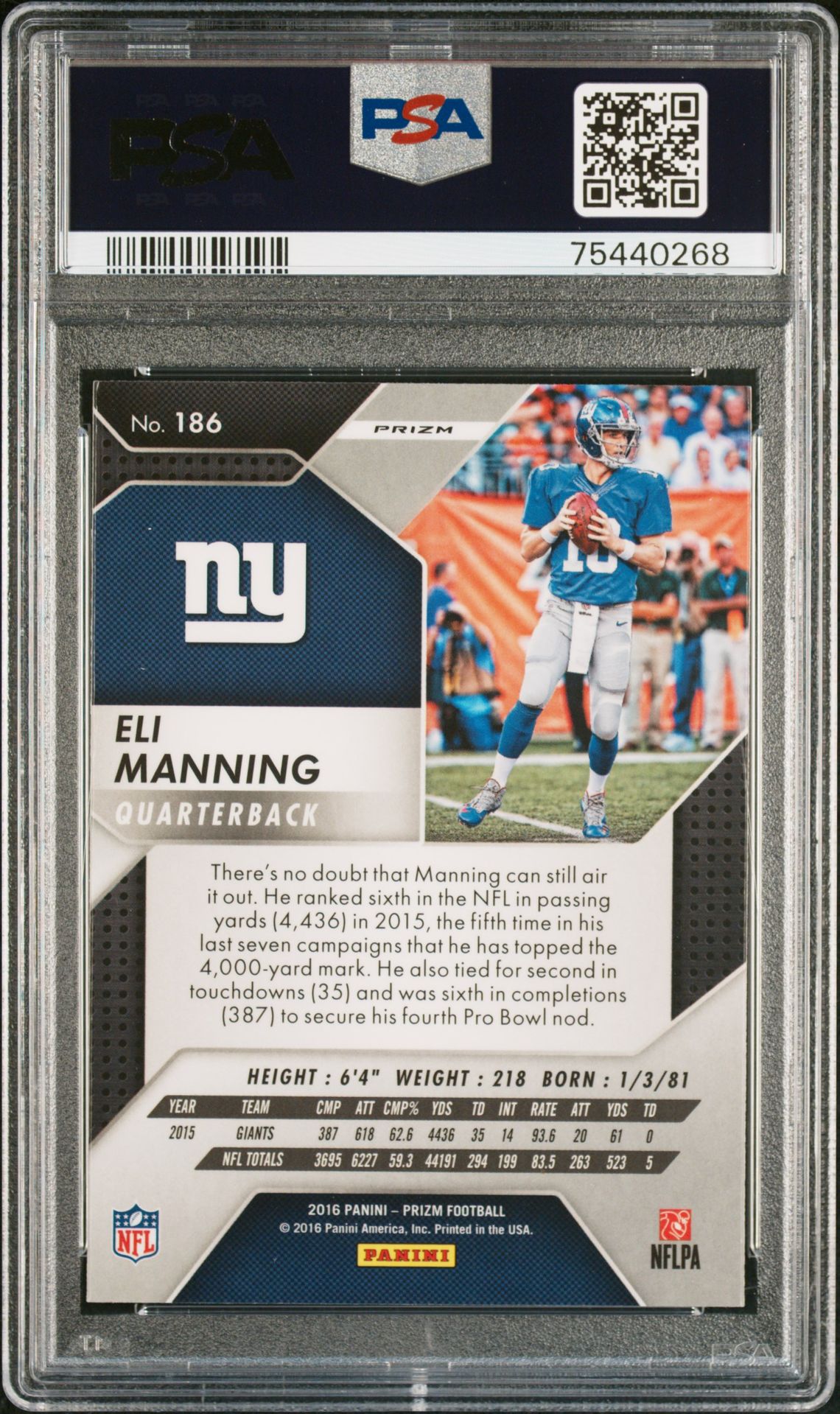 2016 Panini Prizm Eli Manning #186 (Red Prizm) Mint 9 back
