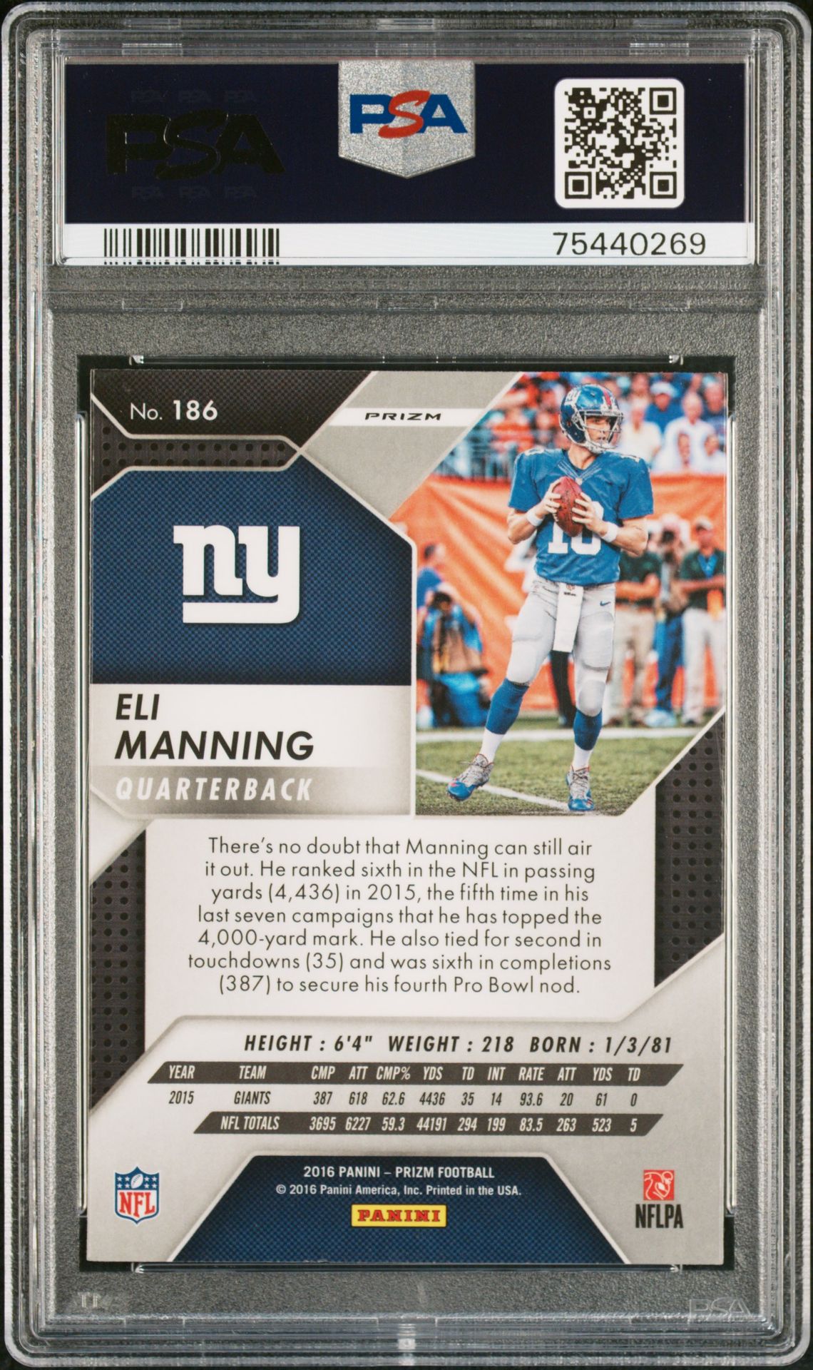 2016 Panini Prizm Eli Manning #186 (Red/White/Blue Disco Prizm) Gem Mt 10 back
