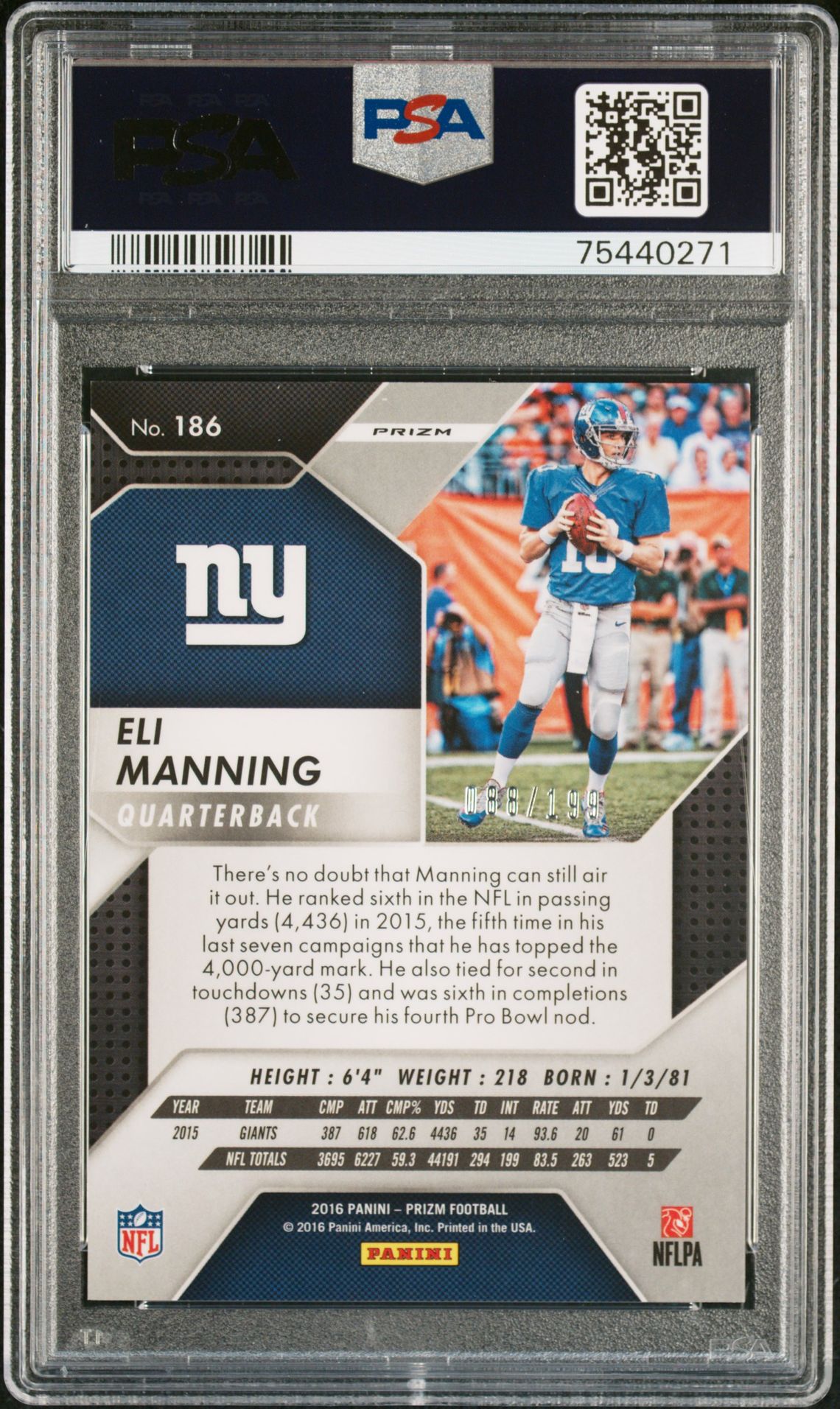 2016 Panini Prizm Eli Manning #186 (Light Blue Prizm) Mint 9 back