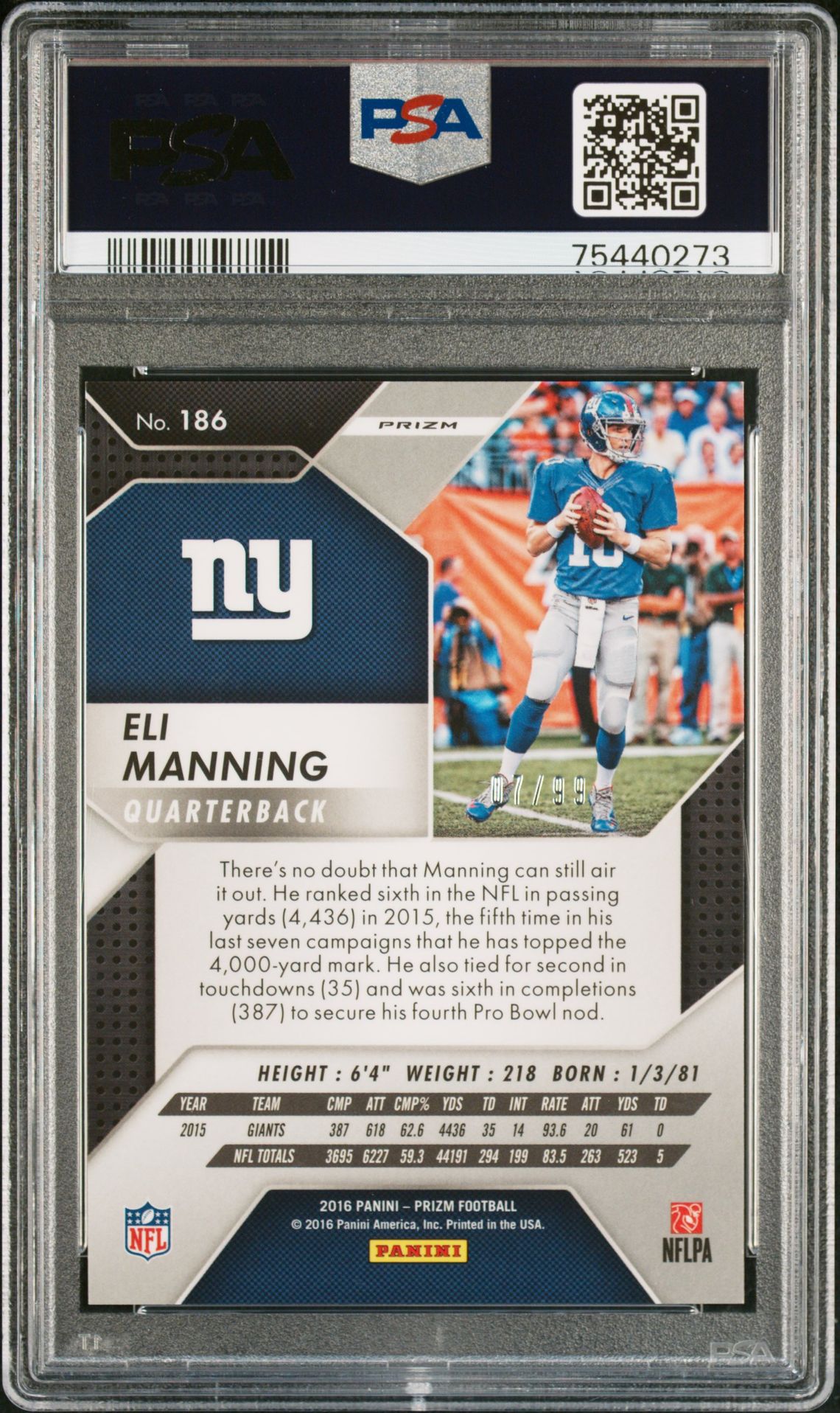 2016 Panini Prizm Eli Manning #186 (Purple Scope Prizm) Mint 9 back