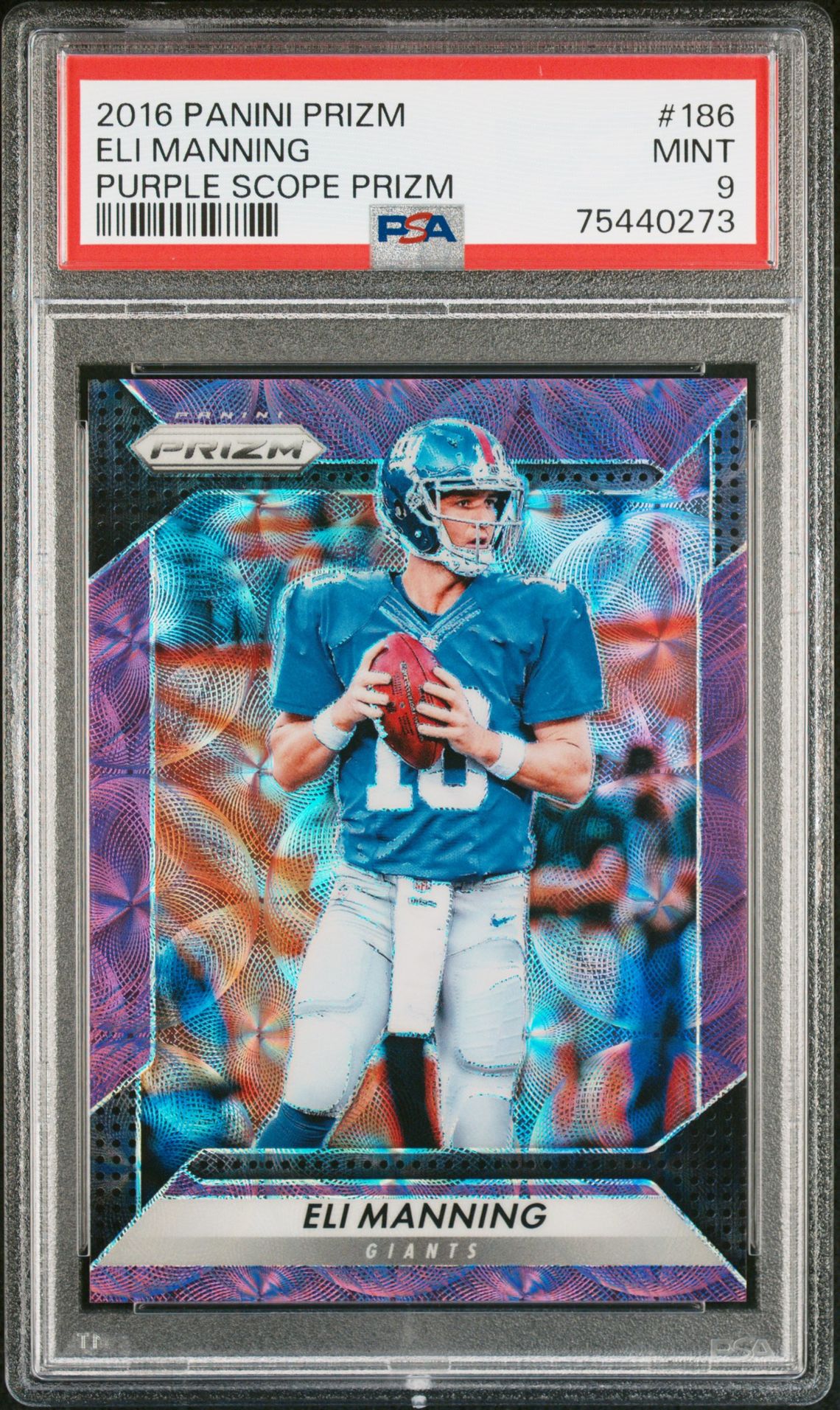 2016 Panini Prizm Eli Manning #186 (Purple Scope Prizm) Mint 9 front