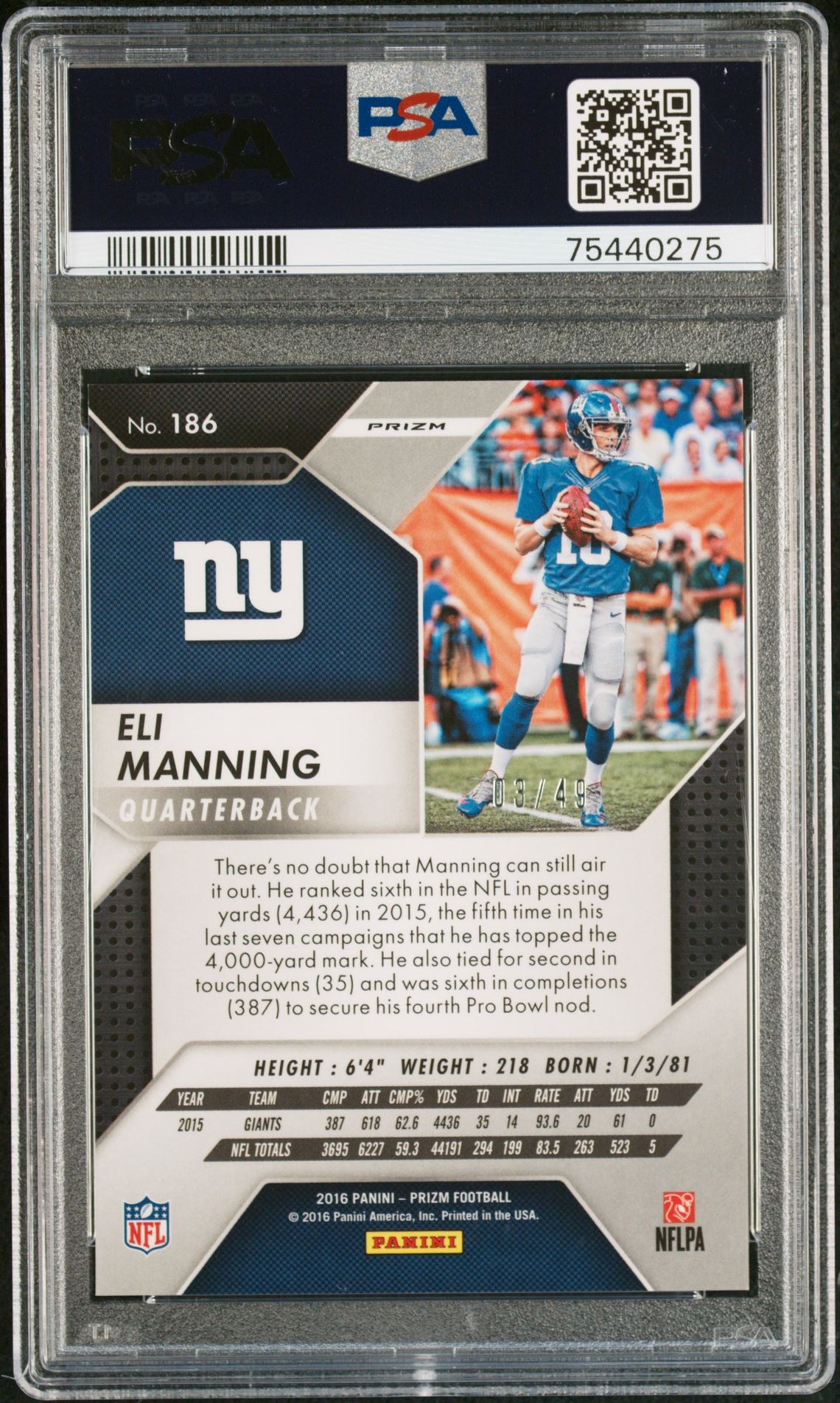 2016 Panini Prizm Eli Manning #186 (Green Power Prizm) Mint 9 back