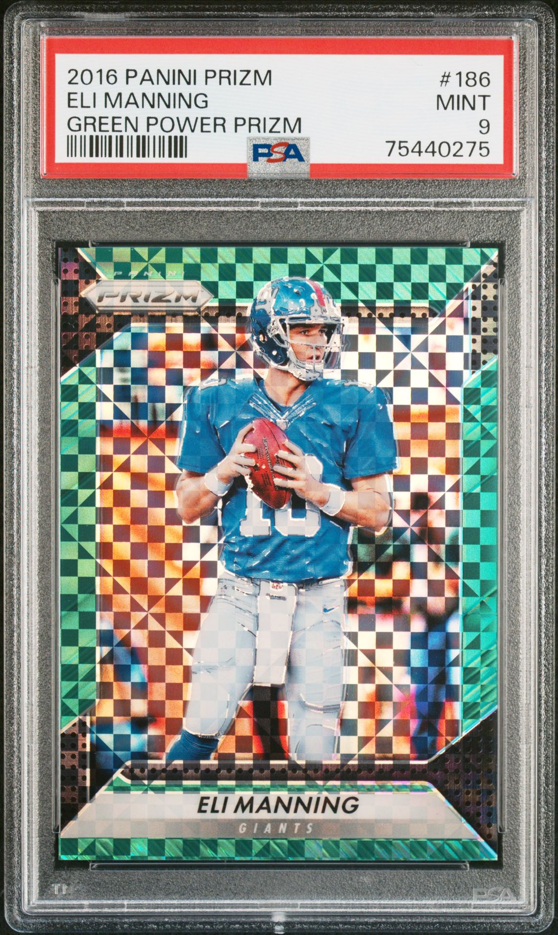 2016 Panini Prizm Eli Manning #186 (Green Power Prizm) Mint 9 front