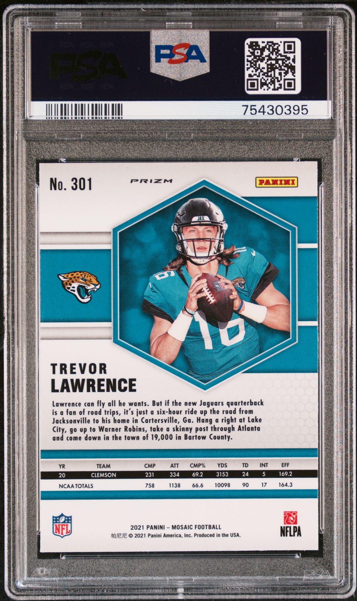 2021 Panini Mosaic Trevor Lawrence #301 (Reactive Blue) Gem Mt 10 back