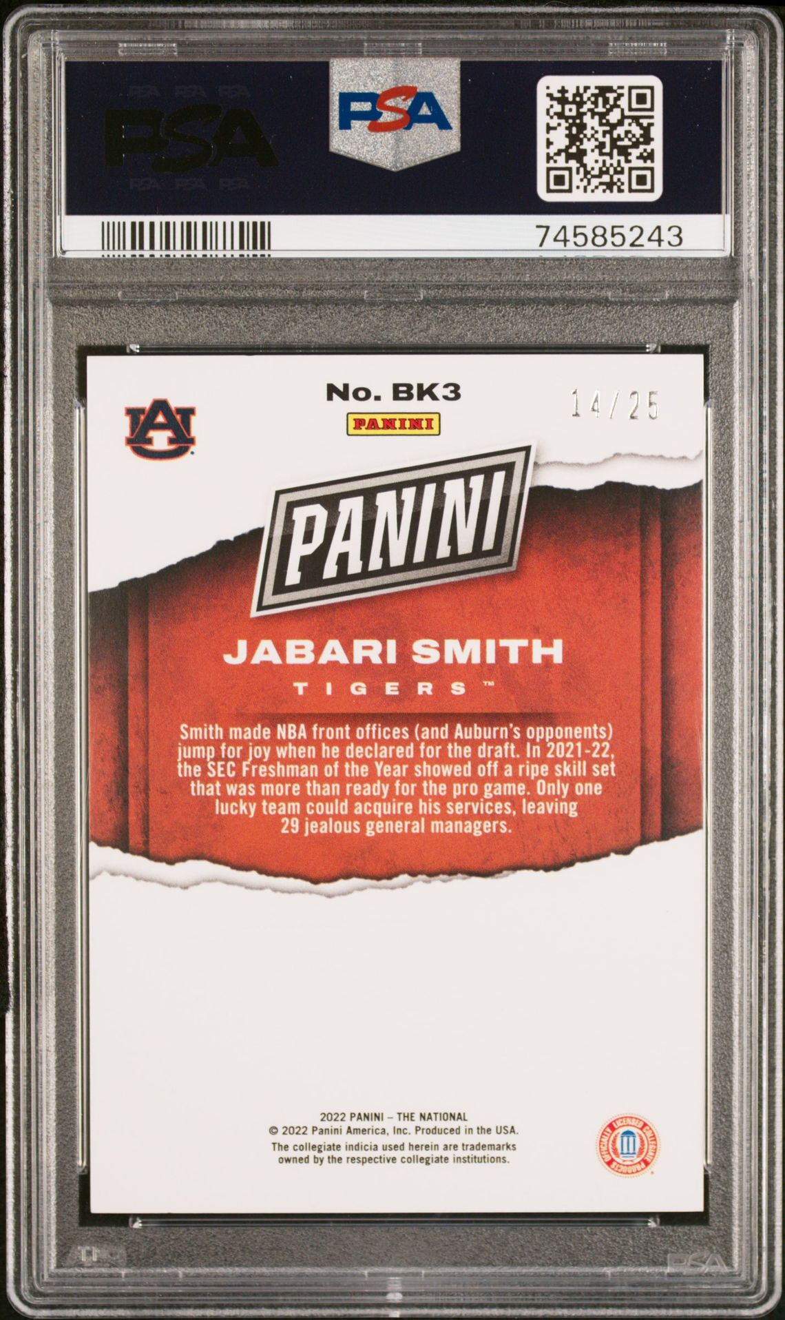 2022 Panini National Basketball Prospects Jabari Smith Jr. #Bk3 (Basketball Pros-Purple) N0: Authentic back
