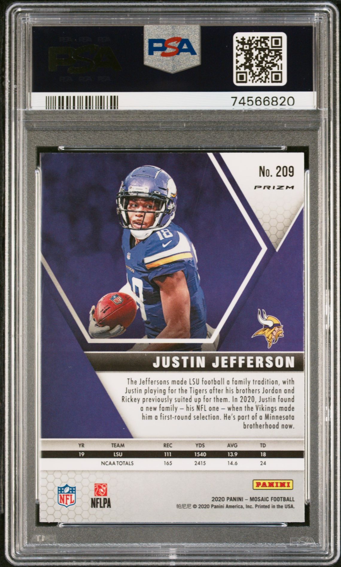 2020 Panini Mosaic Justin Jefferson #209 (Green Mosaic) Gem Mt 10 back