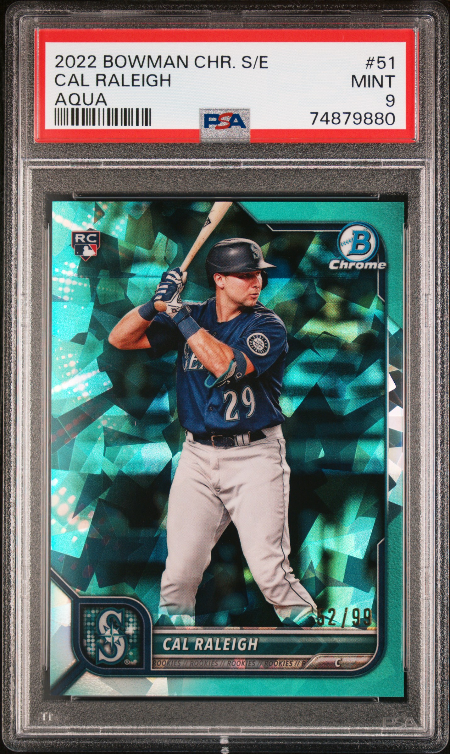 2022 Bowman Chrome Sapphire Edition Aqua #51 Cal Raleigh Rookie Card (#52/99) – PSA MINT 9