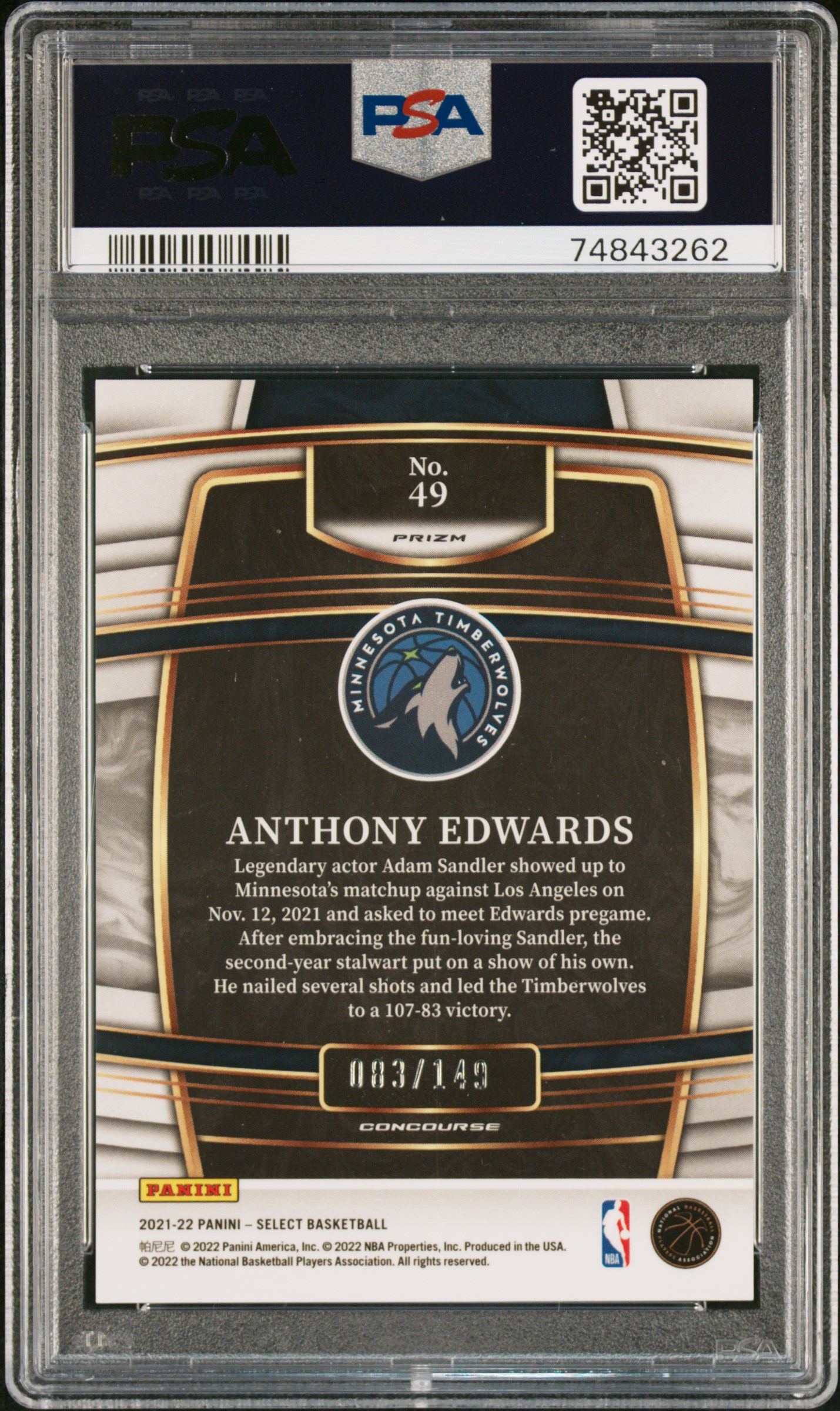 2021 Panini Select Anthony Edwards #49 (White Prizm) Mint 9 back