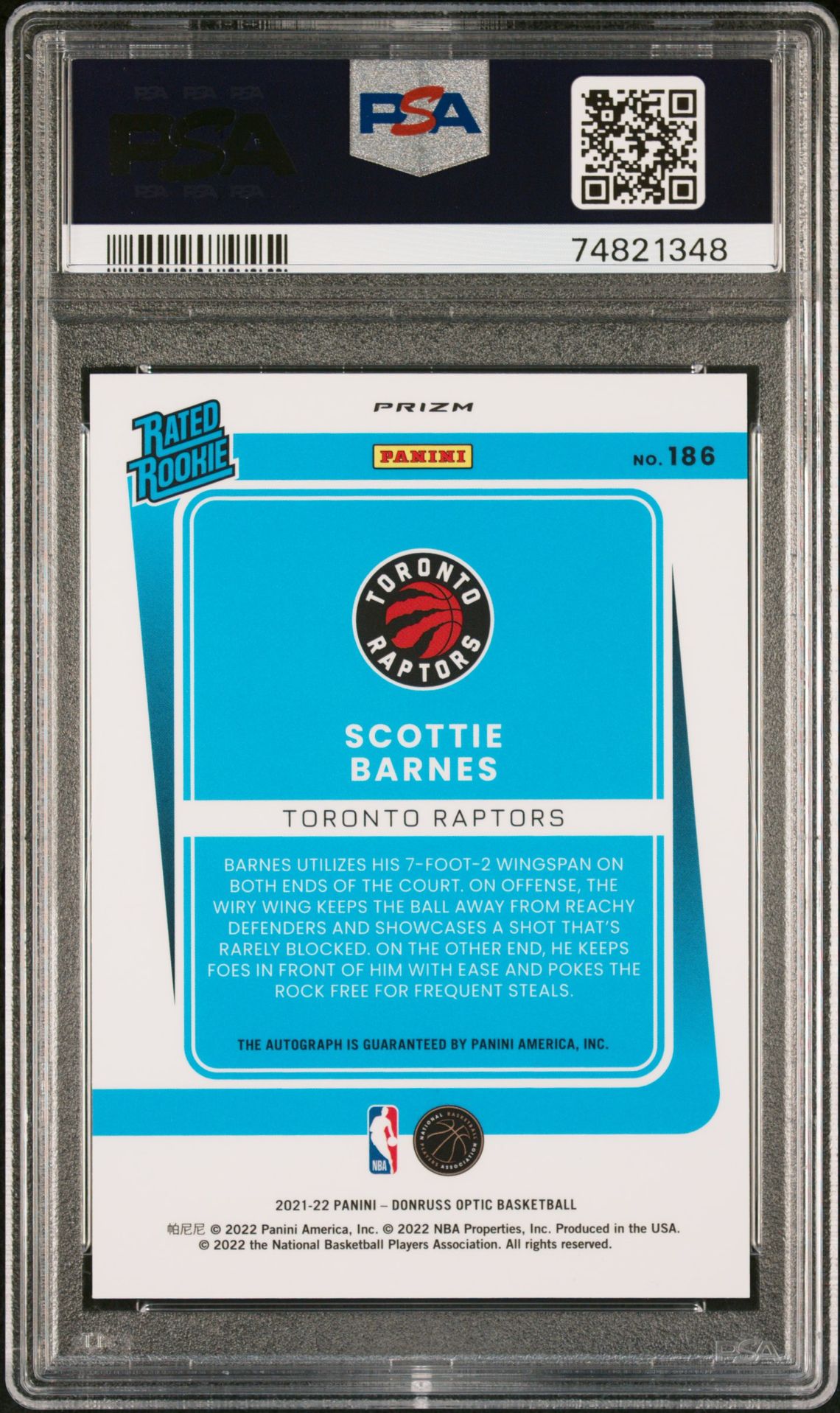 2021 Panini Donruss Optic Scottie Barnes #186 (Autograph-Fast Break) Gem Mt 10 back