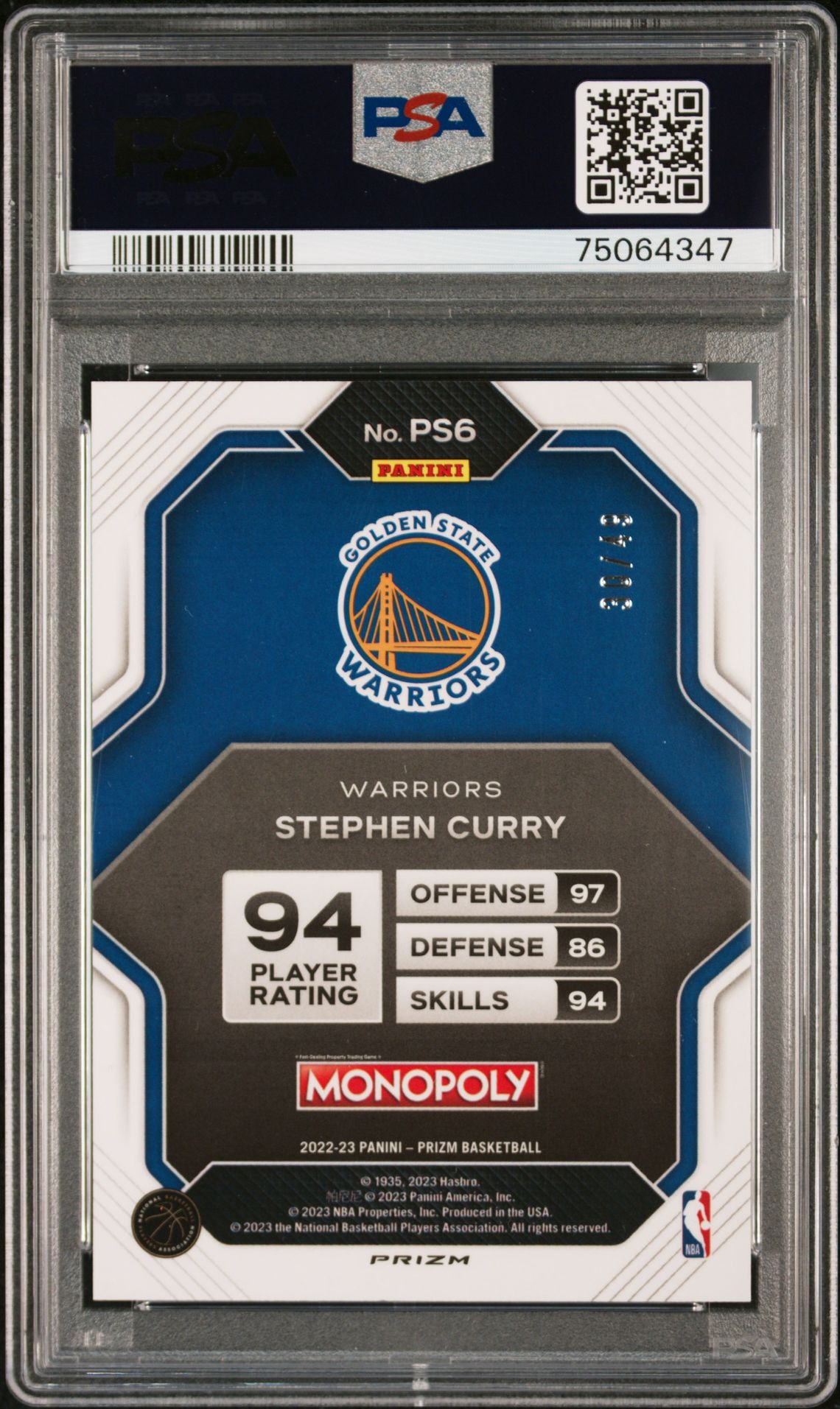 2022 Panini Prizm Monopoly Prizm All-Stars Stephen Curry #Ps6 (Prizm All-Stars-Gold Prizm) Gem Mt 10 back