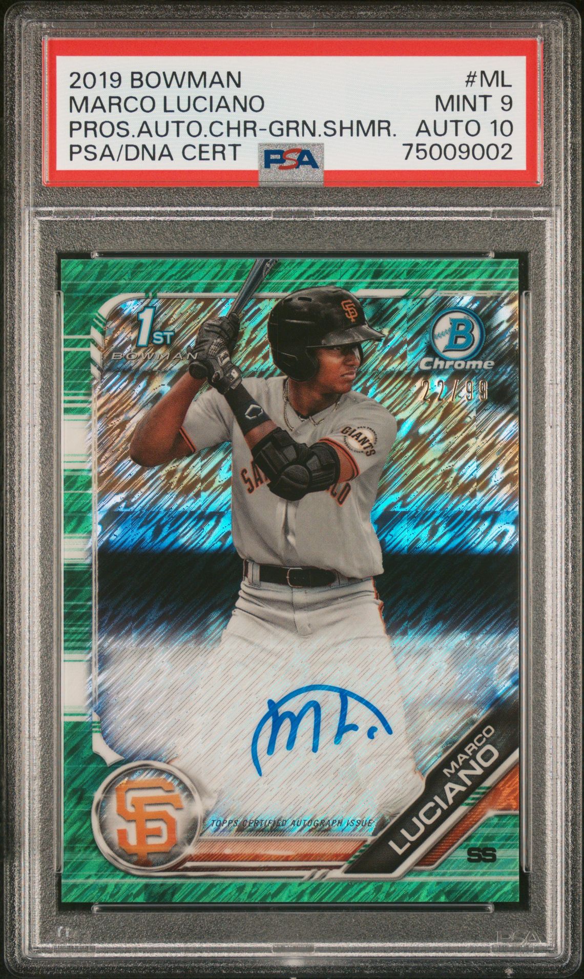 2019 Bowman BOWMAN PROSPECT AUTOGRAPHS CHROME PROS.AUTO.CHR-GRN.SHMR.CertificationPrimary Signer (1 Signer)MARCO LUCIANO #ML Marco Luciano front
