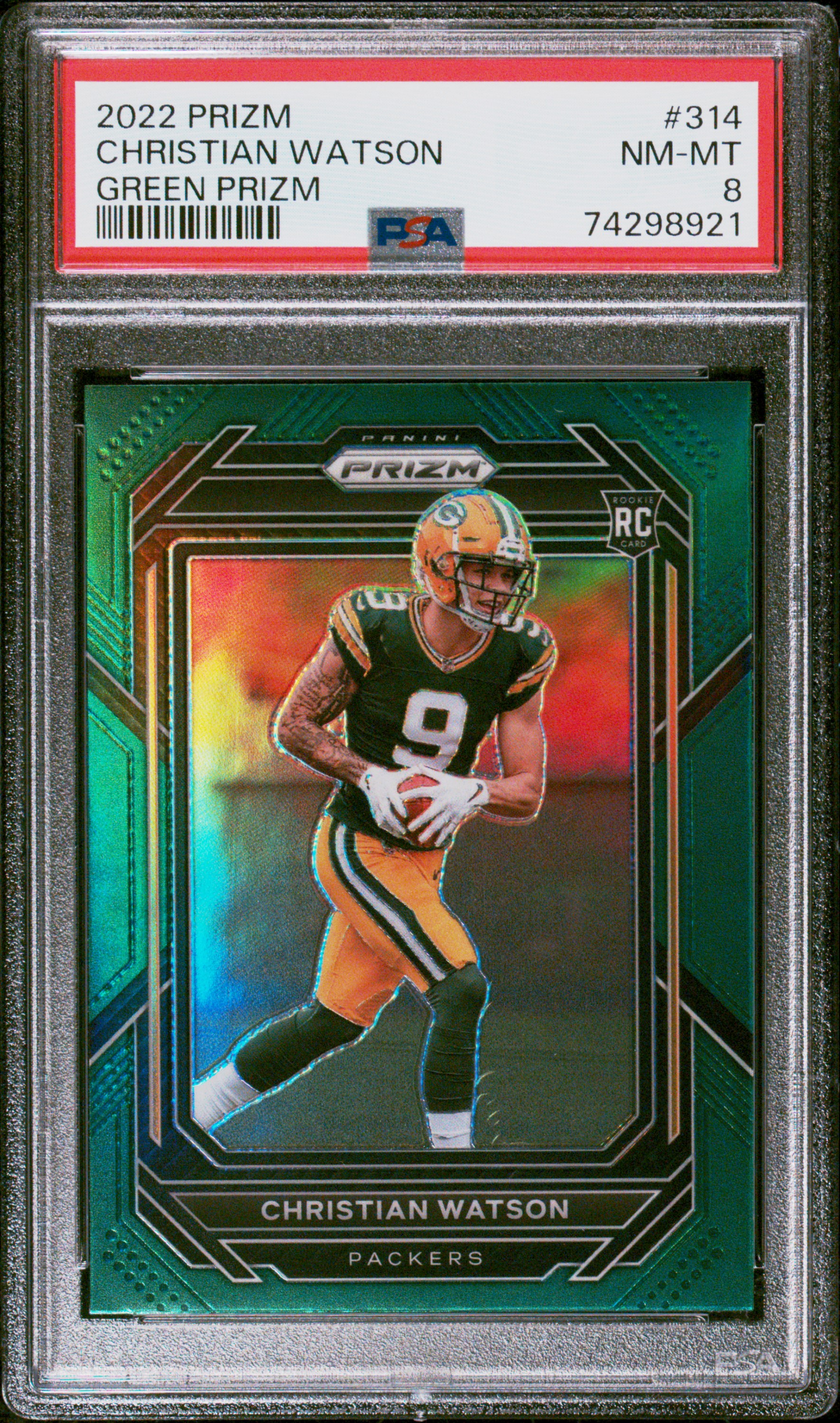 2022 Panini Prizm Green Prizm #314 Christian Watson Rookie Card – PSA NM-MT 8