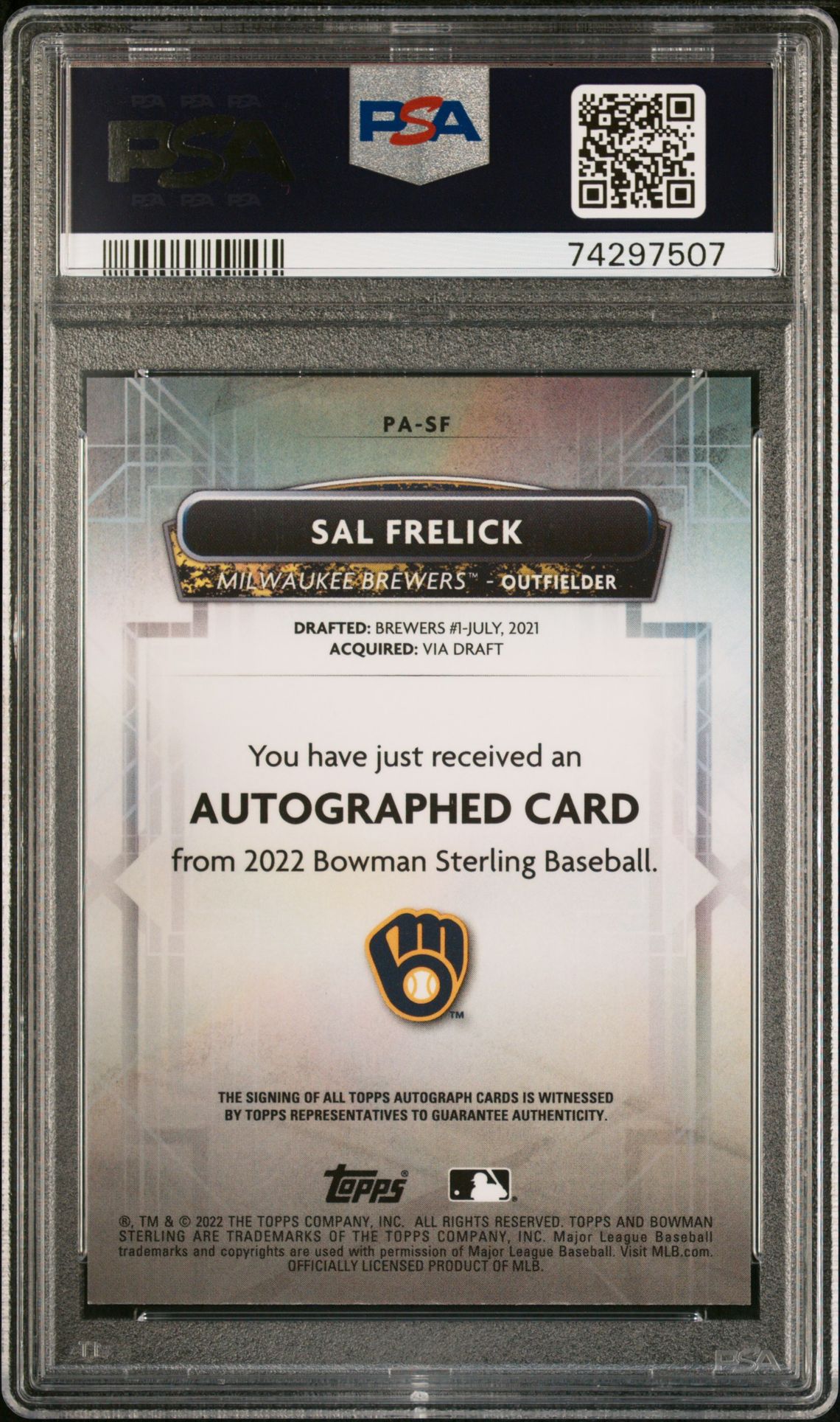 2022 Bowman Sterling Prospect Autographs Sal Frelick #Pasf (Prospect Autographs) Gem Mt 10 back view - PSA certificate #74297507