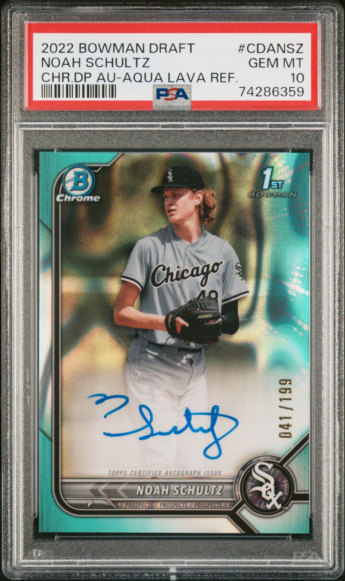 2022 Bowman Draft Chrome Draft Pick Autographs Noah Schultz #Cdansz (Chr.dp Au-Aqua Lava Ref.) Gem Mt 10 front view - PSA graded GEM MT 10