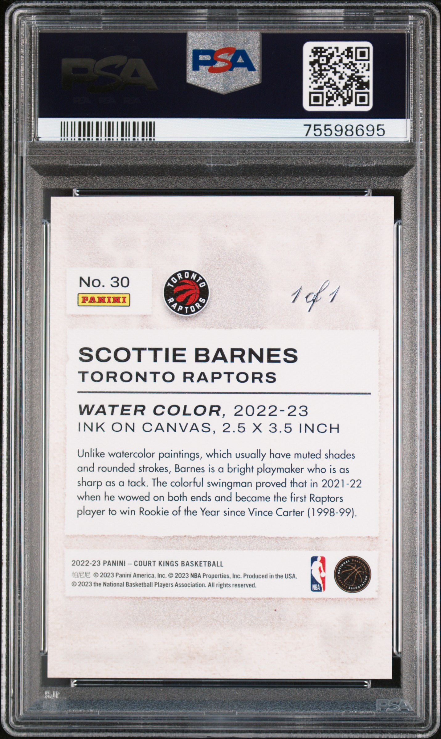 2022 Panini Court Kings Water Color Scottie Barnes #30 (Water Color-Masterpiece 1/1) Gem Mt 10 back