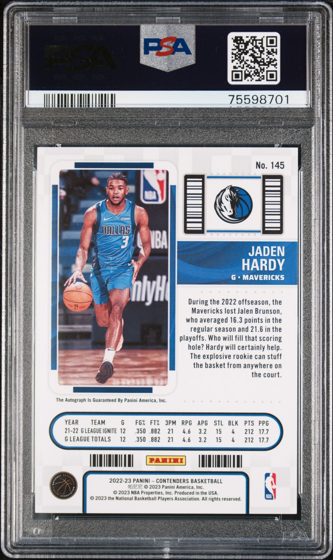 2022 Panini Contenders Jaden Hardy #145 (Autograph-Cracked Ice) Mint 9 back