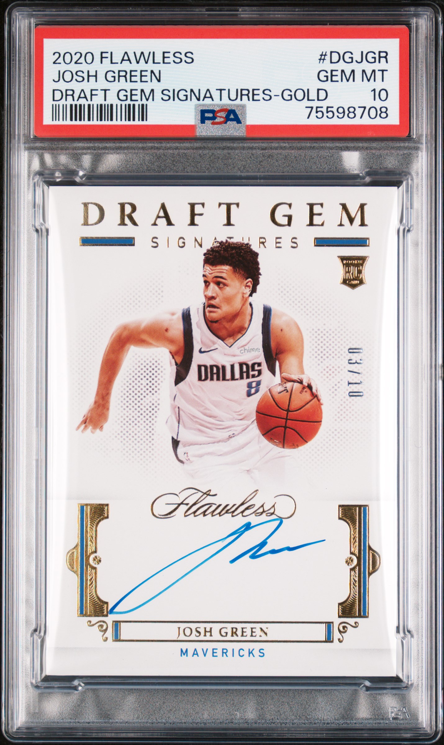 2020 Panini Flawless Draft Gem Signatures Josh Green #Dgjgr (Draft Gem Signatures-Gold) Gem Mt 10 front