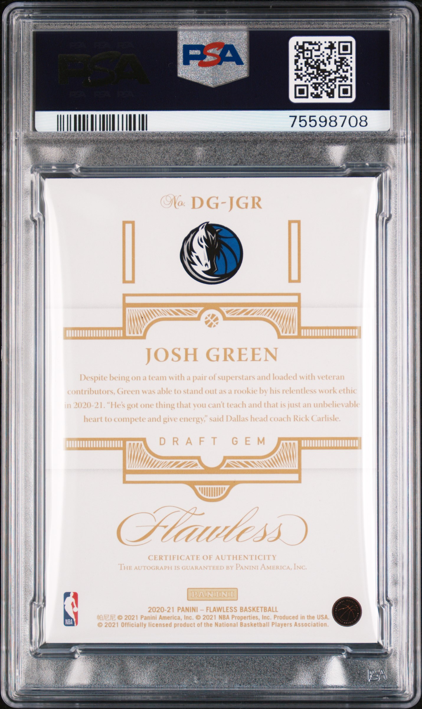 2020 Panini Flawless Draft Gem Signatures Josh Green #Dgjgr (Draft Gem Signatures-Gold) Gem Mt 10 back