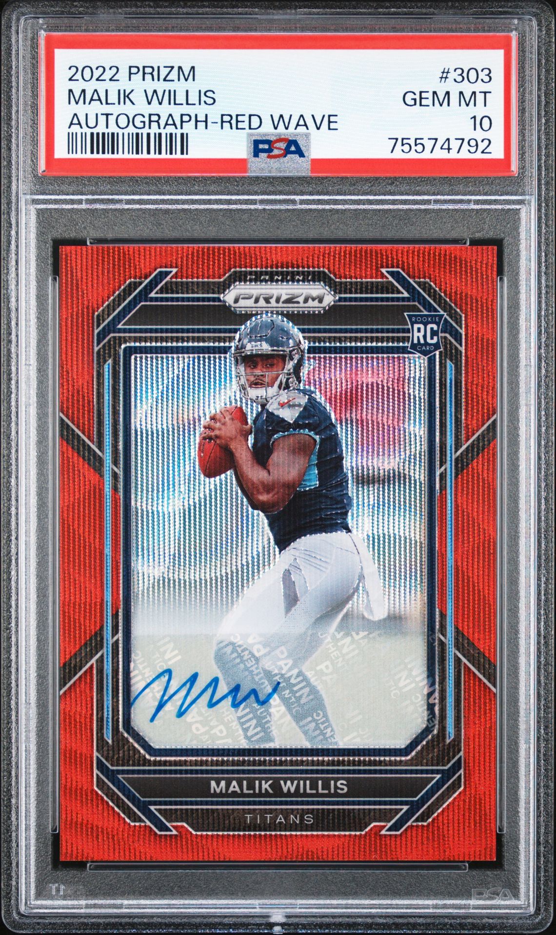 2022 Panini Prizm Malik Willis #303 (Autograph-Red Wave) Gem Mt 10 front view - PSA graded GEM MT 10