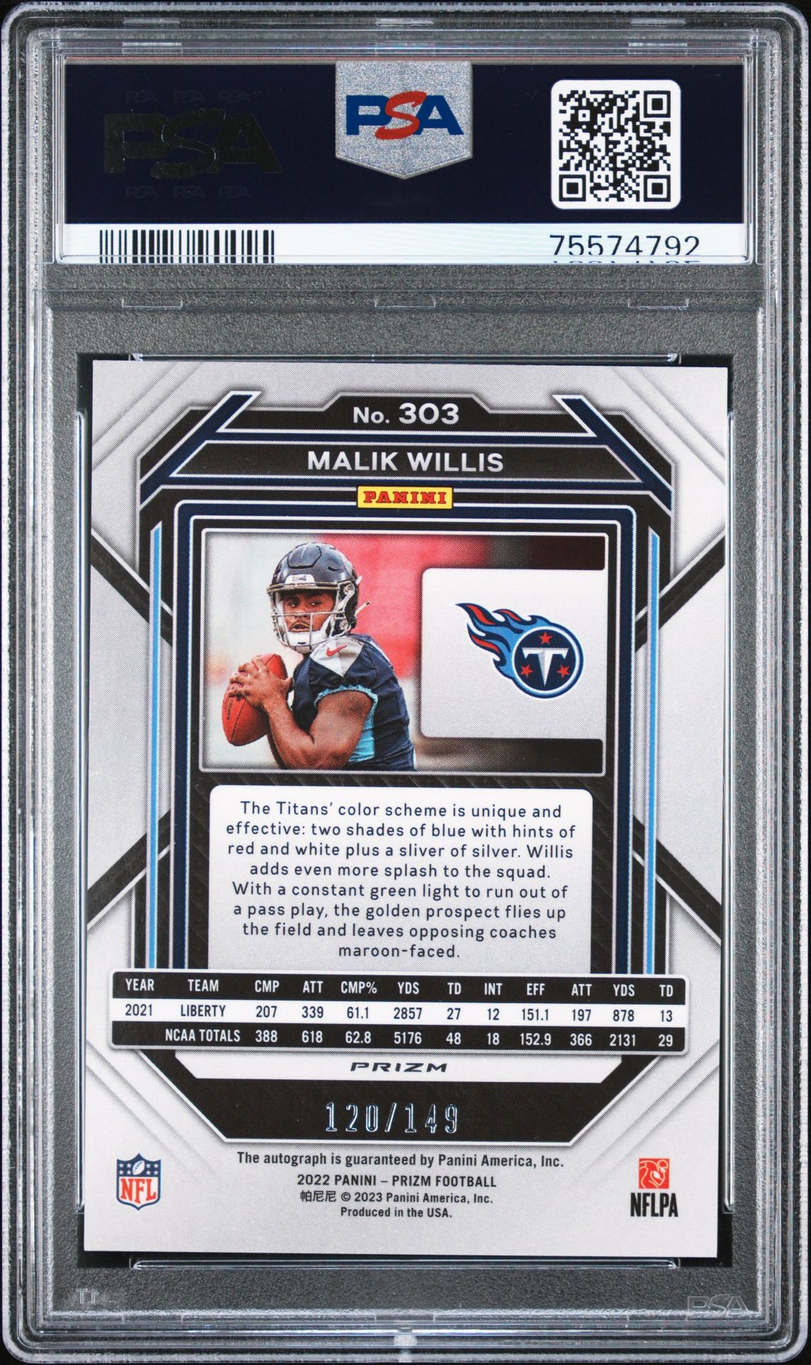 2022 Panini Prizm Malik Willis #303 (Autograph-Red Wave) Gem Mt 10 back view - PSA certificate #75574792